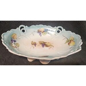 Vntg Hand Painted Porcelain Catch All Bowl Grape & Leaf Motif 12" X 9"